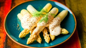 Illustration de la recette innovante d'asperges blanches à la mayonnaise au zaatar du chef Abdel Alaoui (création par IA, illustration non réaliste). Crédit : Ideogram.