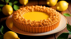 Illustration de la tarte au citron version crumble mettant en valeur le mélange du lemon curd et du crumble (création par IA, illustration non réaliste). Crédit : Ideogram.