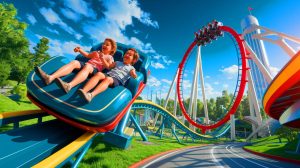 Illustration de l'attraction "Mission Bermudes" au Futuroscope, une aventure familiale avec des sensations fortes (création par IA, illustration non réaliste). Crédit : Ideogram.