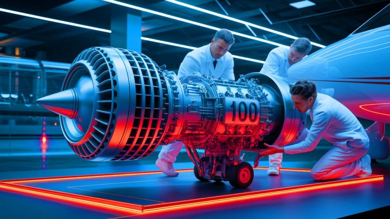 Illustration de la certification du moteur électrique ENGINeUS 100 par Safran, une avancée technologique majeure dans l'aviation (création par IA, illustration non réaliste). Crédit : Ideogram.