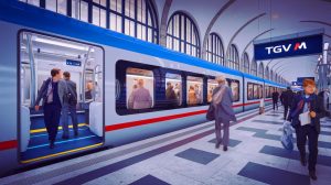 Illustration du nouveau TGV M de la SNCF en gare de Lyon, mettant en avant son design moderne et ses innovations (création par IA, illustration non réaliste). Crédit : Ideogram.