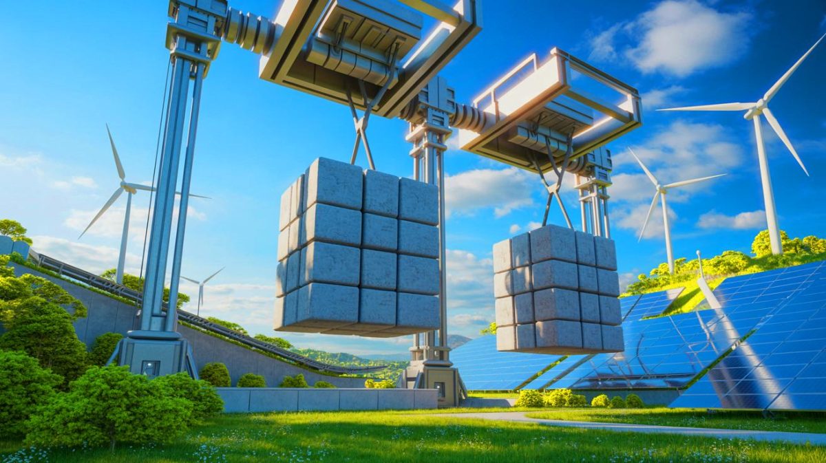 Illustration du stockage d'énergie gravitaire exploitant la force de la gravité pour conserver l'électricité. Image réalisée par IA.
