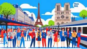 Illustration de l'essor du tourisme en France et du succès du Pass Rail (création par IA, illustration non réaliste). Crédit : Ideogram.