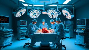 Illustration de la première transplantation cardiaque avec un cœur donneur battant (création par IA, illustration non réaliste). Crédit : Ideogram.