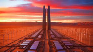 Illustration de la Ligne, projet ambitieux de Neom en Arabie Saoudite, avec ses gratte-ciel parallèles dans le désert (création par IA, non réaliste). Crédit : Ideogram