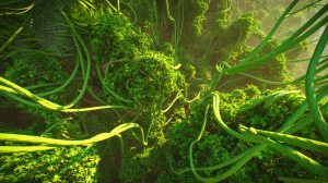 Illustration de l'expansion des lianes dans les forêts tropicales, visible depuis l'espace. Image réalisée par IA.