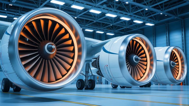 Illustration de nouvelles aubes de soufflante testées par Safran Aircraft Engines pour moteurs Open Fan. Image réalisée par IA.
