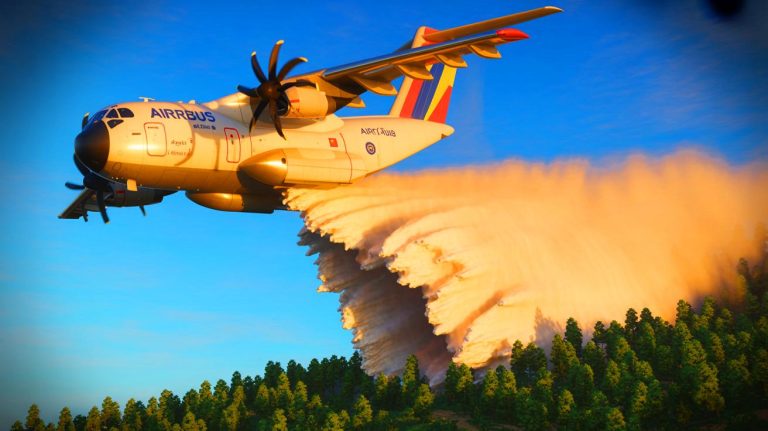 Illustration de l'Airbus A400M équipé de son kit amovible de lutte contre les incendies. Image réalisée par IA.
