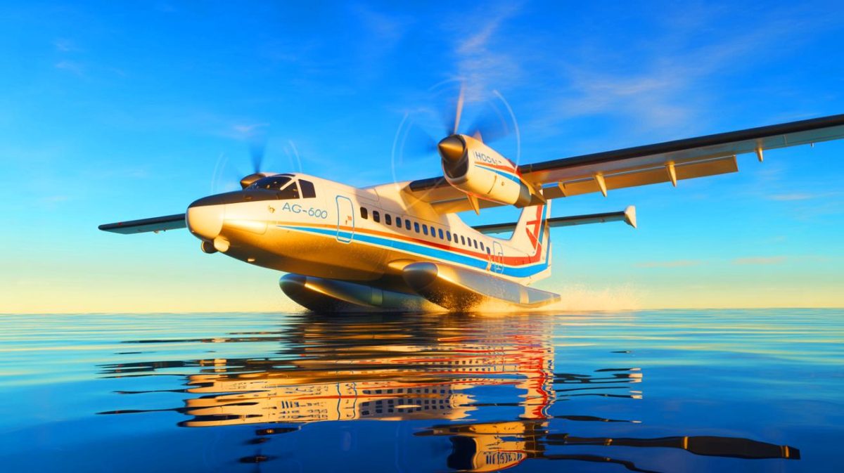 Illustration de l'hydravion AG600 "Kunlong" en vol au-dessus de l'océan. Image réalisée par IA.