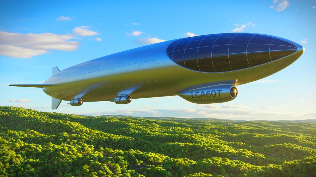 Illustration de l'innovant dirigeable LCA60T de Flying Whales naviguant au-dessus de paysages reculés. Image réalisée par IA.