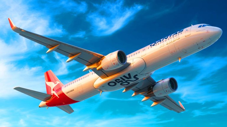 Illustration de l'Airbus A321XLR de Qantas avec une autonomie de 8 700 km. Image réalisée par IA.