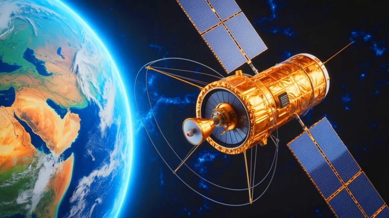 Illustration de la capture d'un signal radio mystérieux émis par le satellite Relay 2. Image réalisée par IA.