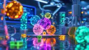 Illustration de la création d'un matériau innovant combinant carbone, silicium, germanium et étain, générée par intelligence artificielle.