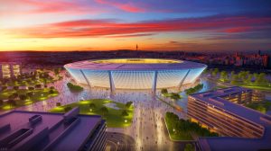 Illustration de la transformation de l'Estádio da Luz en un quartier multifonctionnel, générée par intelligence artificielle.