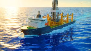 Illustration de l'exploration sous-marine par le navire scientifique Chikyū, générée par intelligence artificielle.