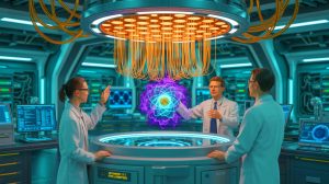 Illustration de la téléportation d'un photon vers une mémoire quantique, générée par intelligence artificielle.