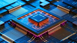 Illustration de la première puce quantique-photonique-électronique intégrée, créée par intelligence artificielle.