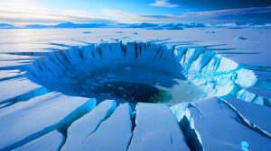 Illustration de l'éruption d'un lac sous-glaciaire au Groenland et ses conséquences sur le paysage.