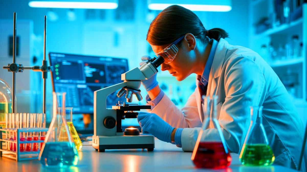 Illustration de l'analyse complexe des microplastiques dans les tissus biologiques à l'aide de technologies avancées.