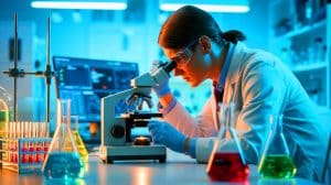 Illustration de l'analyse complexe des microplastiques dans les tissus biologiques à l'aide de technologies avancées.