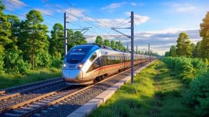 Illustration de l'électrification des voies ferrées du projet Rail Baltica reliant les pays baltes à l'Europe.