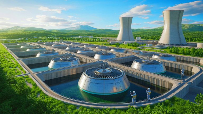 Illustration de la transformation des déchets nucléaires en une source d'énergie durable par la start-up Oklo.