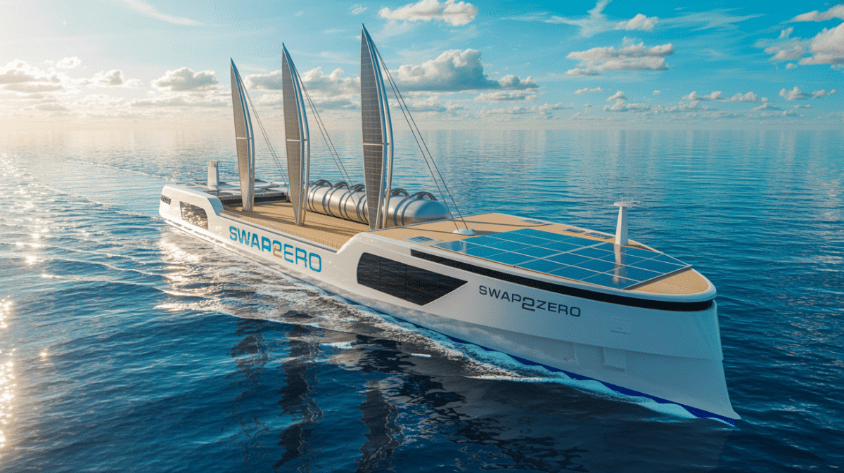 « C’est une révolution » : Ce navire futuriste bouleverse la navigation maritime (et pourrait transformer votre quotidien) Illustration of the Swap2Zero cruise ship aiming for zero-emission navigation by 2030 with innovative energy solutions.