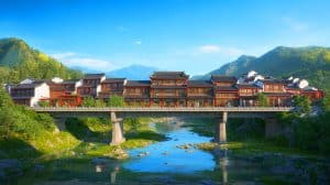 Illustration de maisons suspendues sur un pont en Chine, intégrant architecture et innovation écologique.