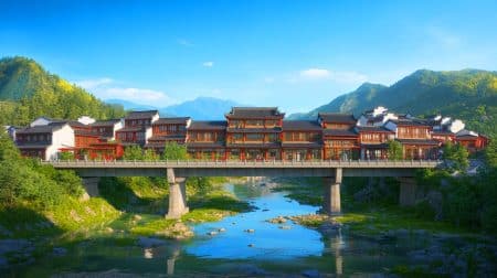 Illustration de maisons suspendues sur un pont en Chine, intégrant architecture et innovation écologique.