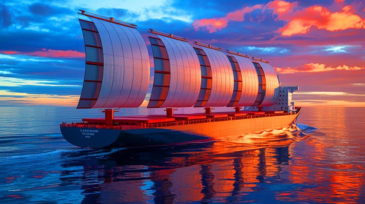 « C’est une révolution cachée » : Ce géant des mers bouleverse le transport (et il est plus proche que vous ne le pensez) Illustration de l'intégration de voiles rotatives sur le cargo Grand Pioneer pour réduire les émissions de CO₂.