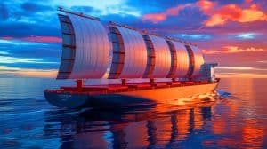 Illustration de l'intégration de voiles rotatives sur le cargo Grand Pioneer pour réduire les émissions de CO₂.