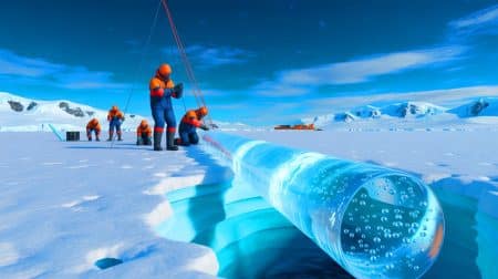 Illustration de l'extraction d'une carotte de glace en Antarctique révélant des données climatiques vieilles de 1,2 million d'années.