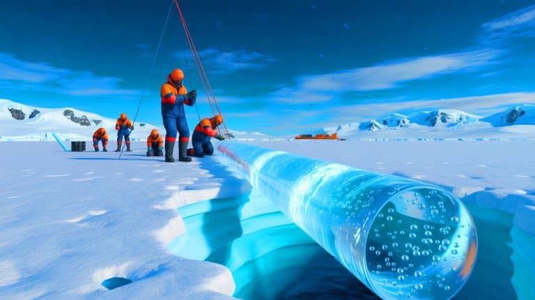Illustration de l'extraction d'une carotte de glace en Antarctique révélant des données climatiques vieilles de 1,2 million d'années.