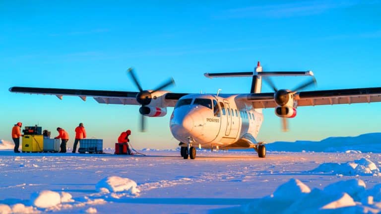 Illustration de l'arrivée des avions du British Antarctic Survey à la station Rothera en Antarctique.
