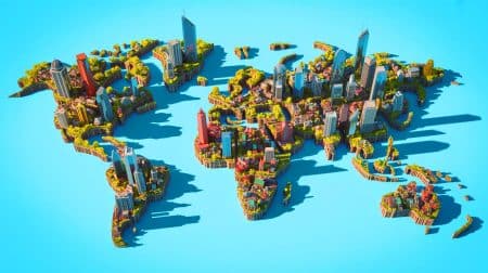 Illustration de la carte 3D du GlobalBuildingAtlas montrant les bâtiments du monde en relief.